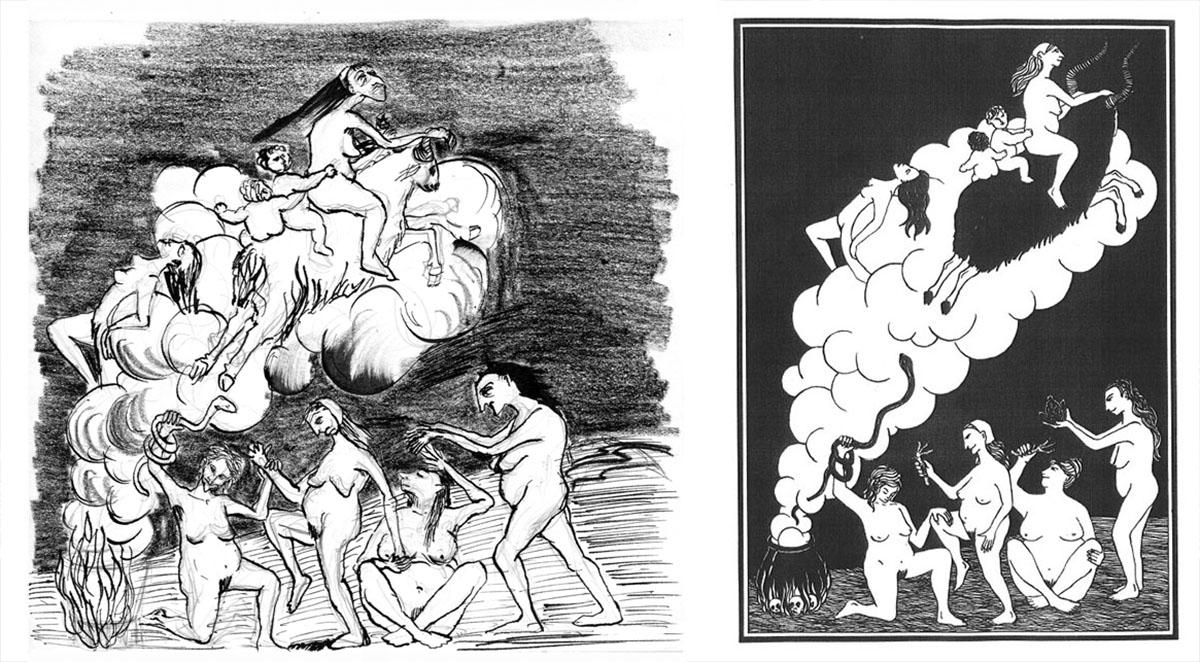 Borrador i il·lustració final de Montse Fransoy per l'apartat de la magia del Manual básic d'Aquelarre publicat per Joc Internacional. 